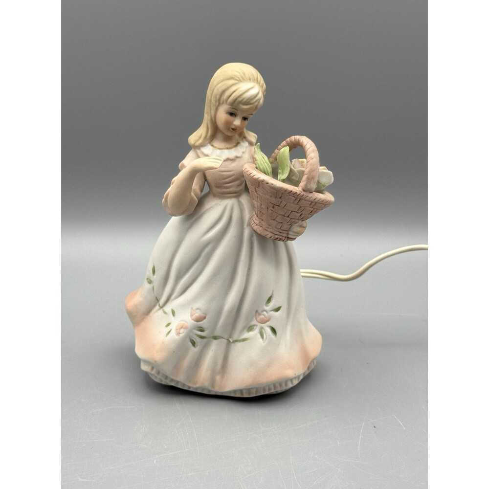 Vintage Ceramic Girl With Basket Of Flowers Lenwile Japan Night Light Lovely